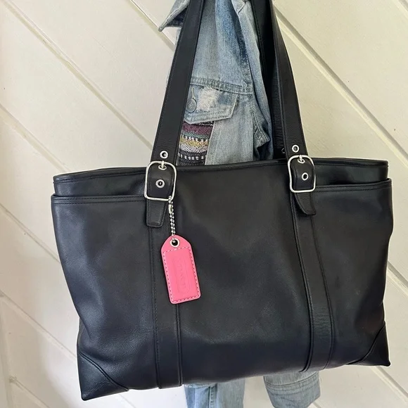 VINTAGE COACH BLACK LEATHER HAMPTON TOTE 5147 - Picture 4 of 11